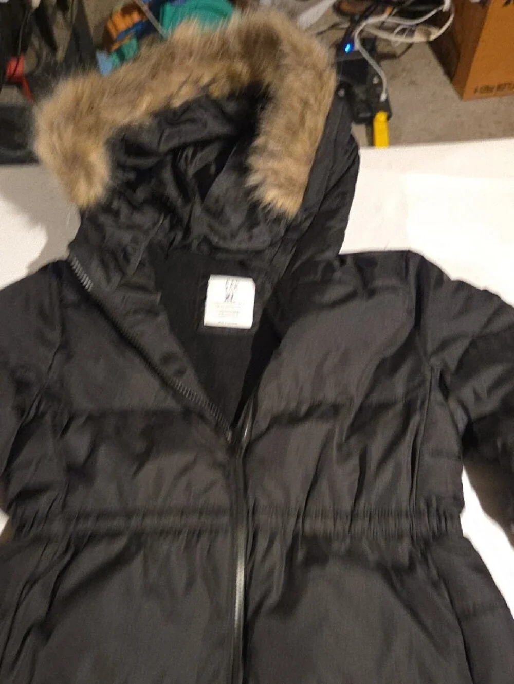 GAP Black Women's Long Puffer Coat with Faux Fur Hood Trim